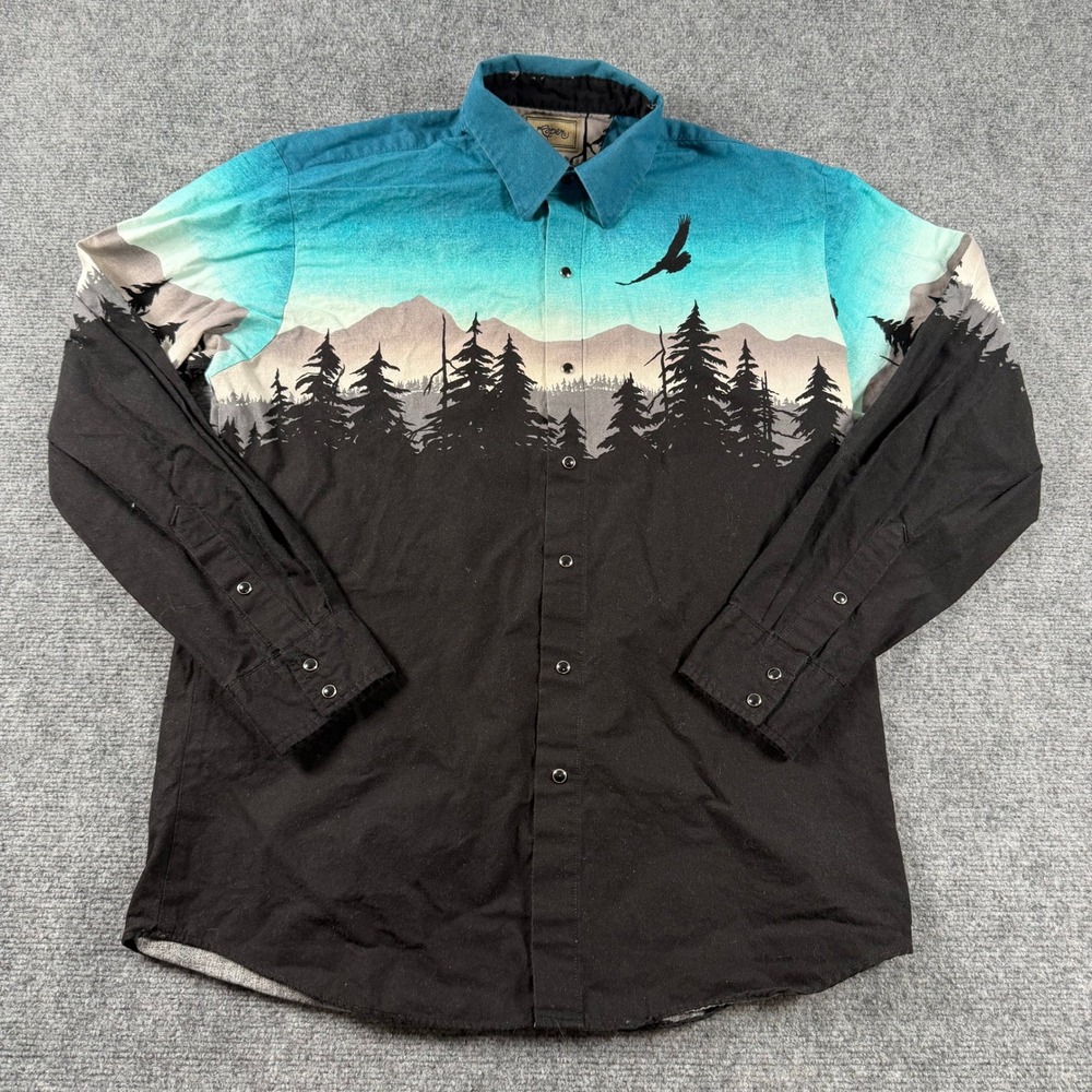 Roper Western Snap Shirt Mens M Blue Black Mountain Eagle Landscape Graphic Pine